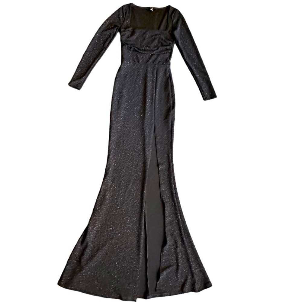 {Windsor} High Slit Long Sleeve Square Neck Black Sparkly Gown